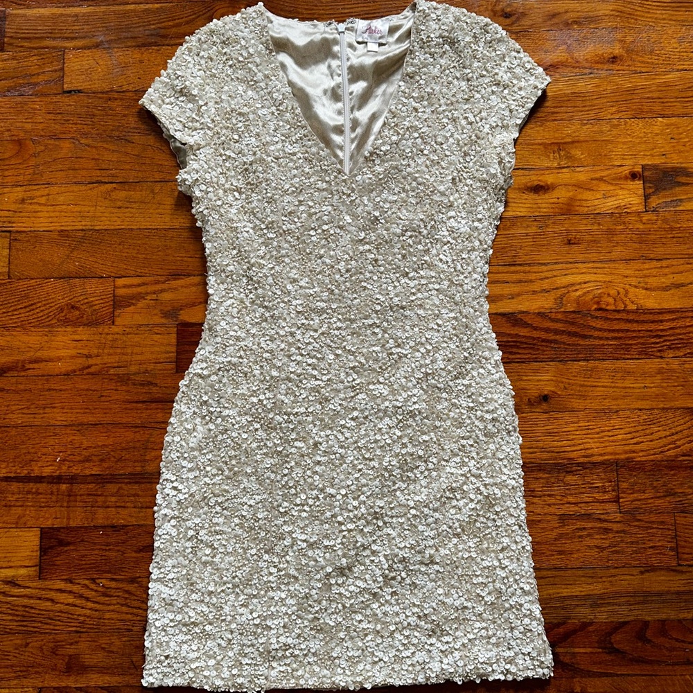 Parker White and Cream Sequin Embellished Serena Mini Dress S